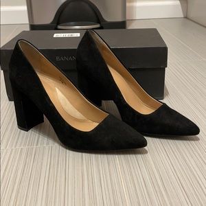 Black suede block heels with pointy toe